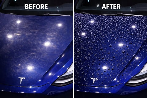 Before and after comparison of blue car hood showing water beading effect from ceramic coating treatment