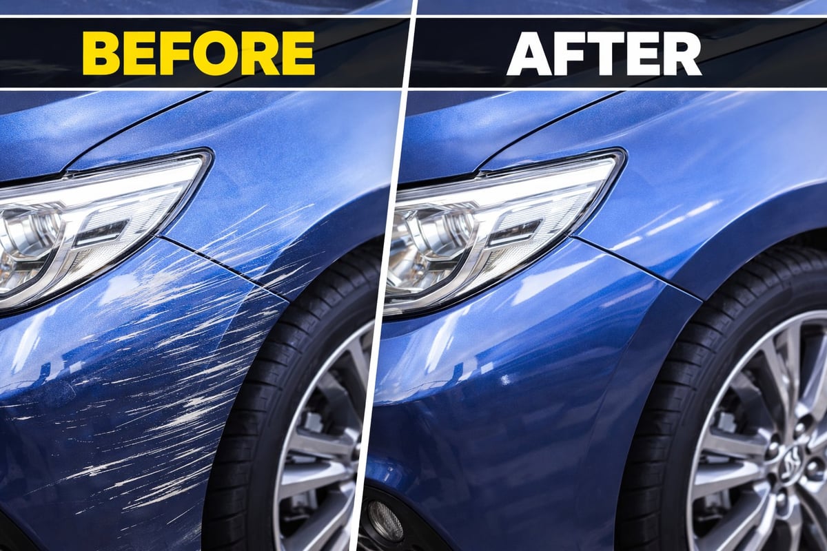 Before and after comparison of blue car paint damage repair, showing scratched exterior restored to smooth finish