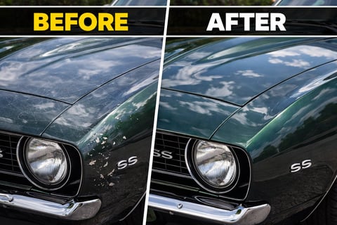Before and after comparison of car hood polish, showing dulled surface transformed to shiny restored finish on green Chevrolet SS