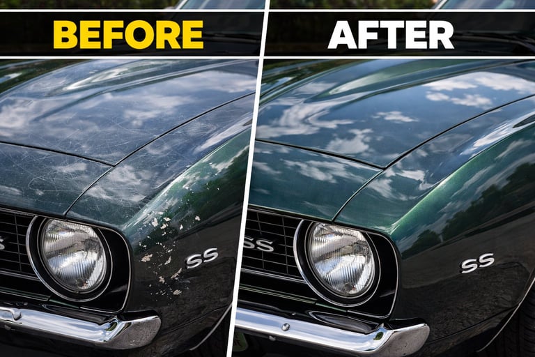 Before and after comparison of car hood polish, showing dulled surface transformed to shiny restored finish on green Chevrolet SS