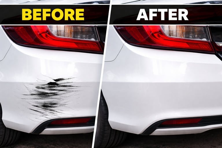 Before and after car bumper repair comparison showing damaged white bumper scratches restored to pristine condition